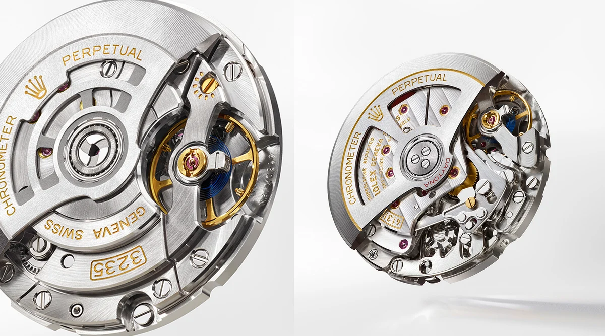 Detalle del movimiento mecánico de un reloj Rolex